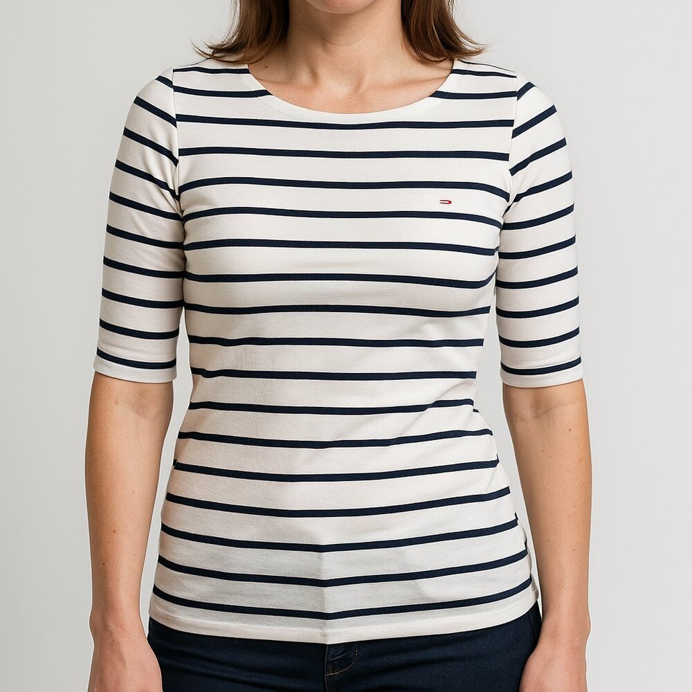 Tommy Hilfiger Fitted Navy and White Striped Short Sleeve Tee